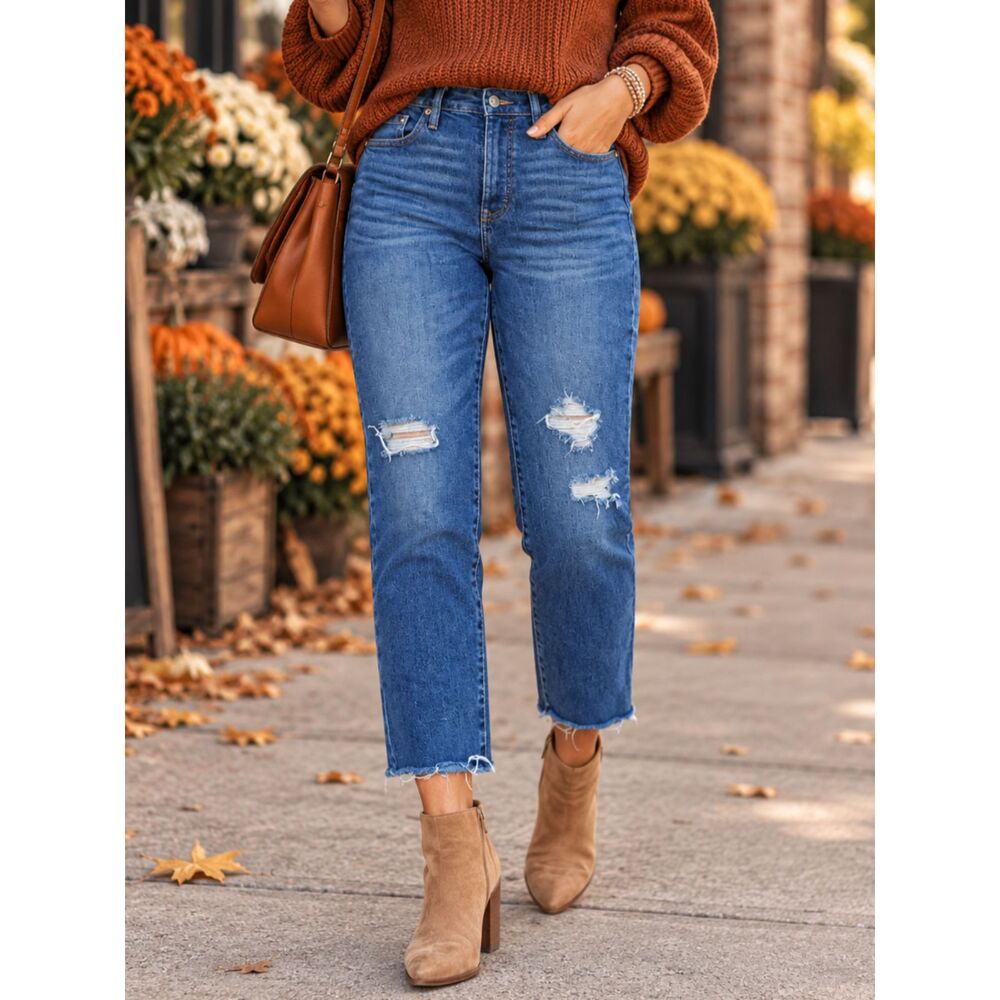 Old Navy O.G. Straight Cropped Jeans Womens 8 High Rise Distressed Raw Hem Denim